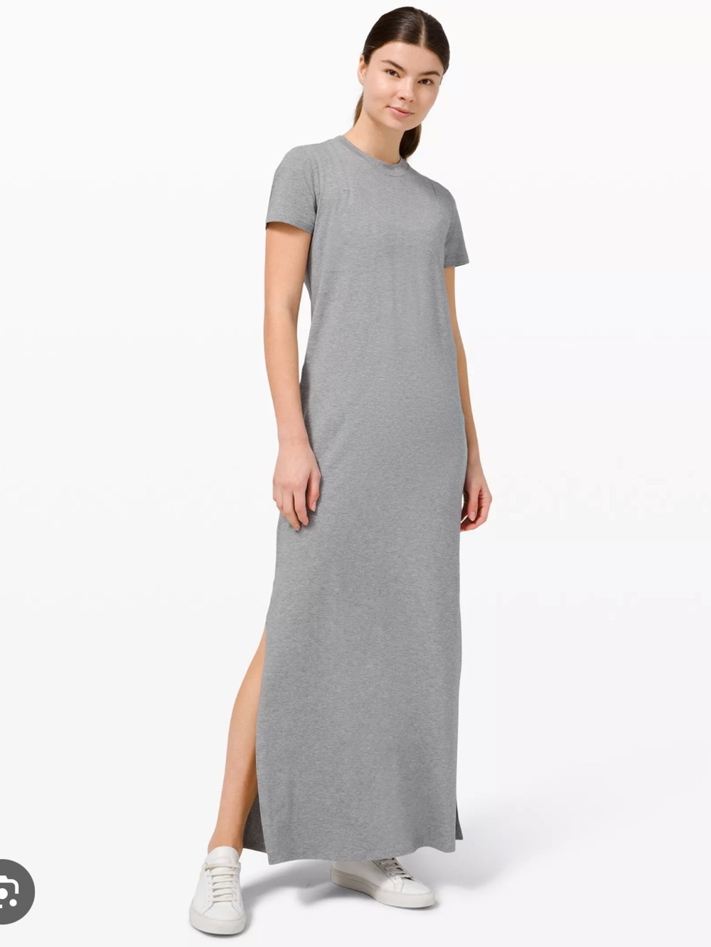 LULULEMON Jersey Knit Short Sleeve Maxi Front Side Slit Dress Grey SZ Small/Med